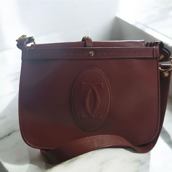 Cartier BORDEAUX and Gold Shoulder SADDLE Bag with Flap Closure VINTAGE - Picture 9 of 16